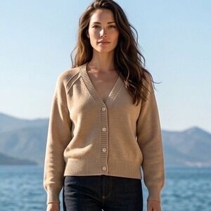 Offline by Aerie Tan Marl V-Neck Button Front Cardigan Sweater Thumbholes Medium